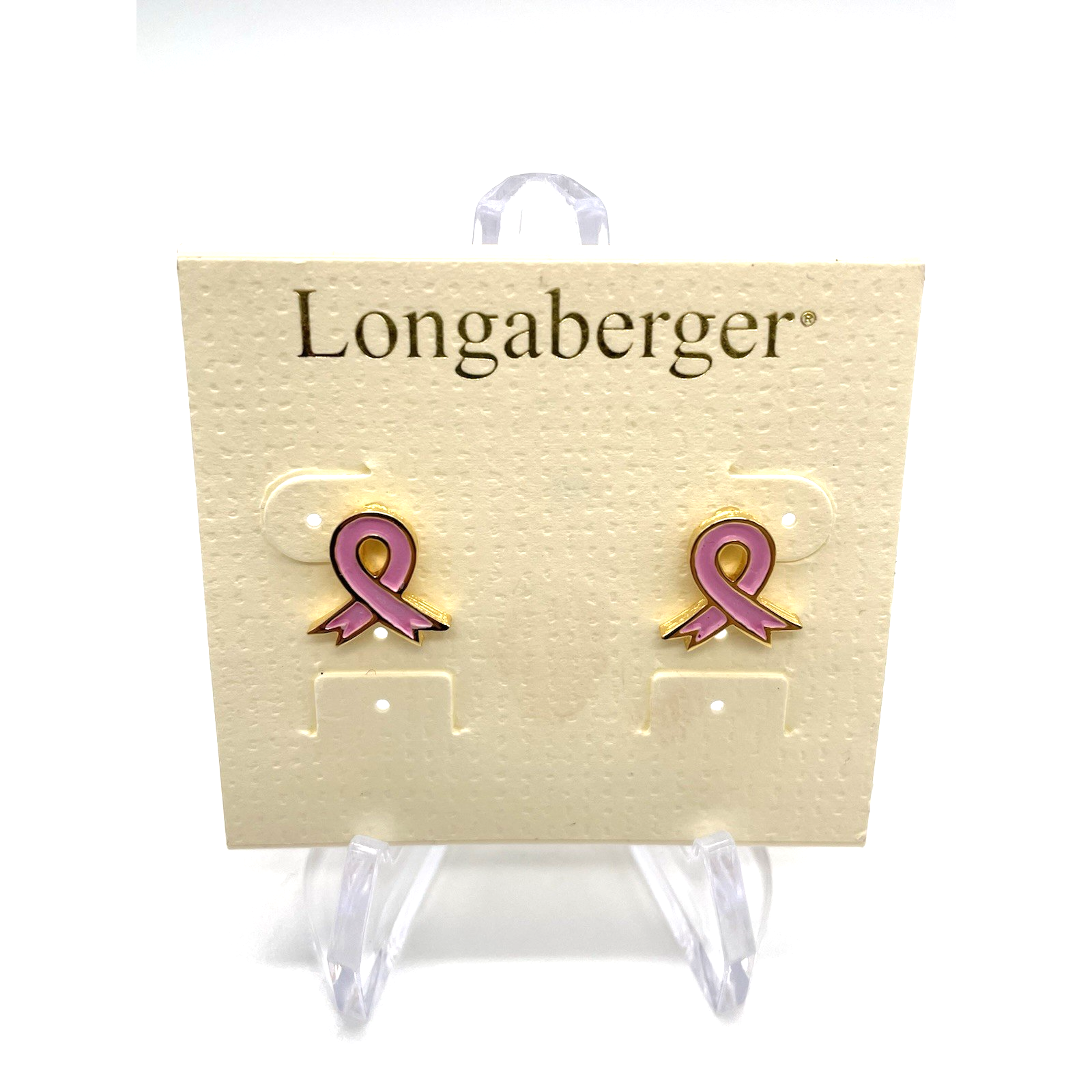 Vintage Longaberger Pink Ribbon Earrings - Gold Trim - Breast Cancer Awareness